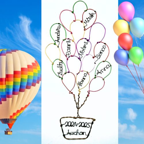Egyedi hőlégballon formájú búcsúajándék távozó vagy nyugdíjba vonuló kollégának, nevekkel személyre szabva