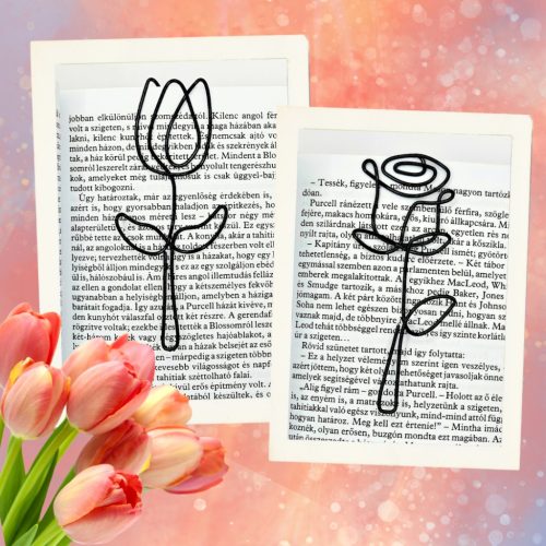 Nőnapi virág - fekete drót könyvjelző tulipán és rózsa formában, kézműves virágos könyvjelző nőnapra