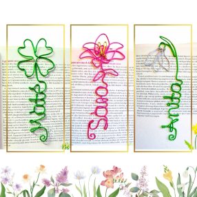 Színes drótból készített virágos könyvjelzők – liliom, hóvirág és négylevelű lóhere. Nőnapi ajándékötlet